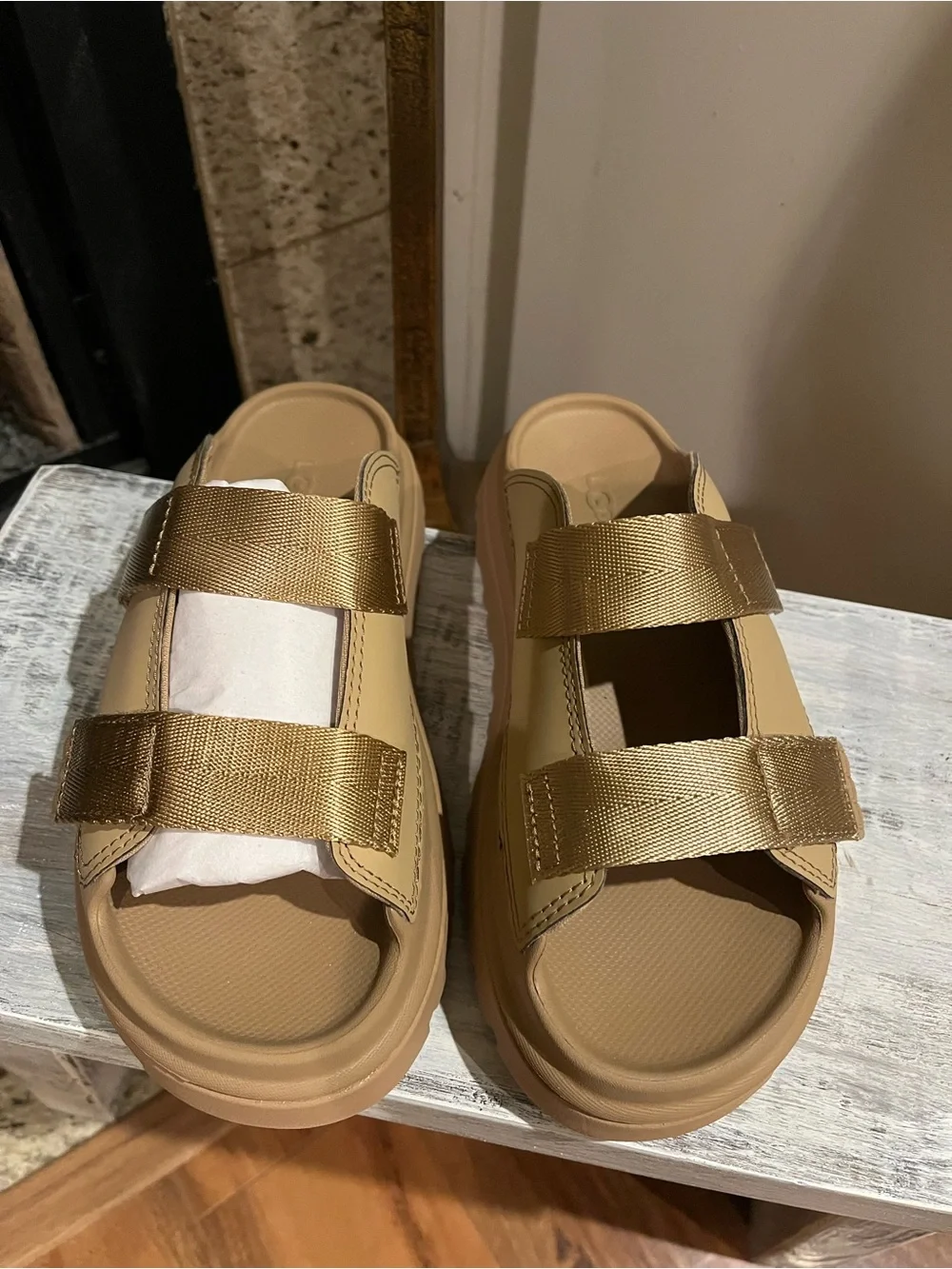 UGG Slide Sandals in Beige/Gold with adjustable straps
